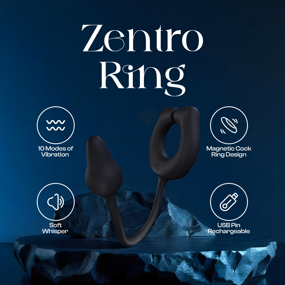 Zentro vibrating ring with plug shown on dark blue branded background
