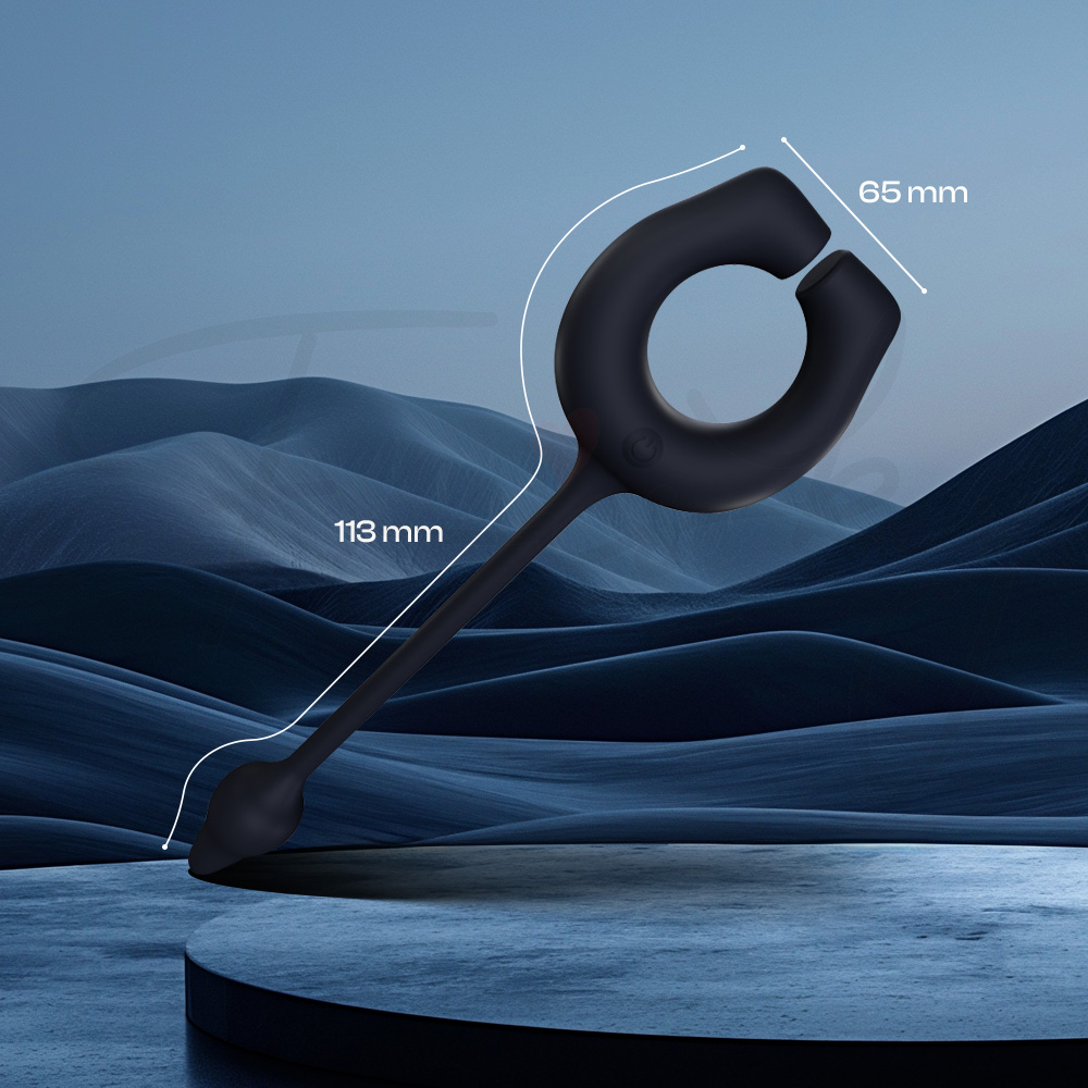 Sleek black vibrating ring and plug displayed on soft blue surface