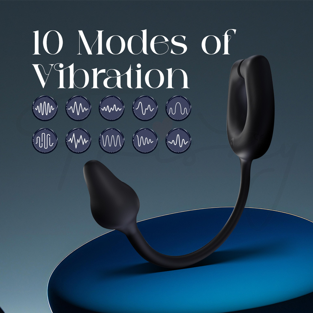 Vibrating ring with plug highlighting ten different vibration mode options