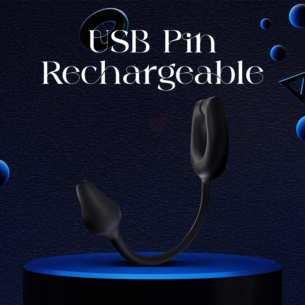 USB rechargeable vibrating ring with plug on dark minimal display platform