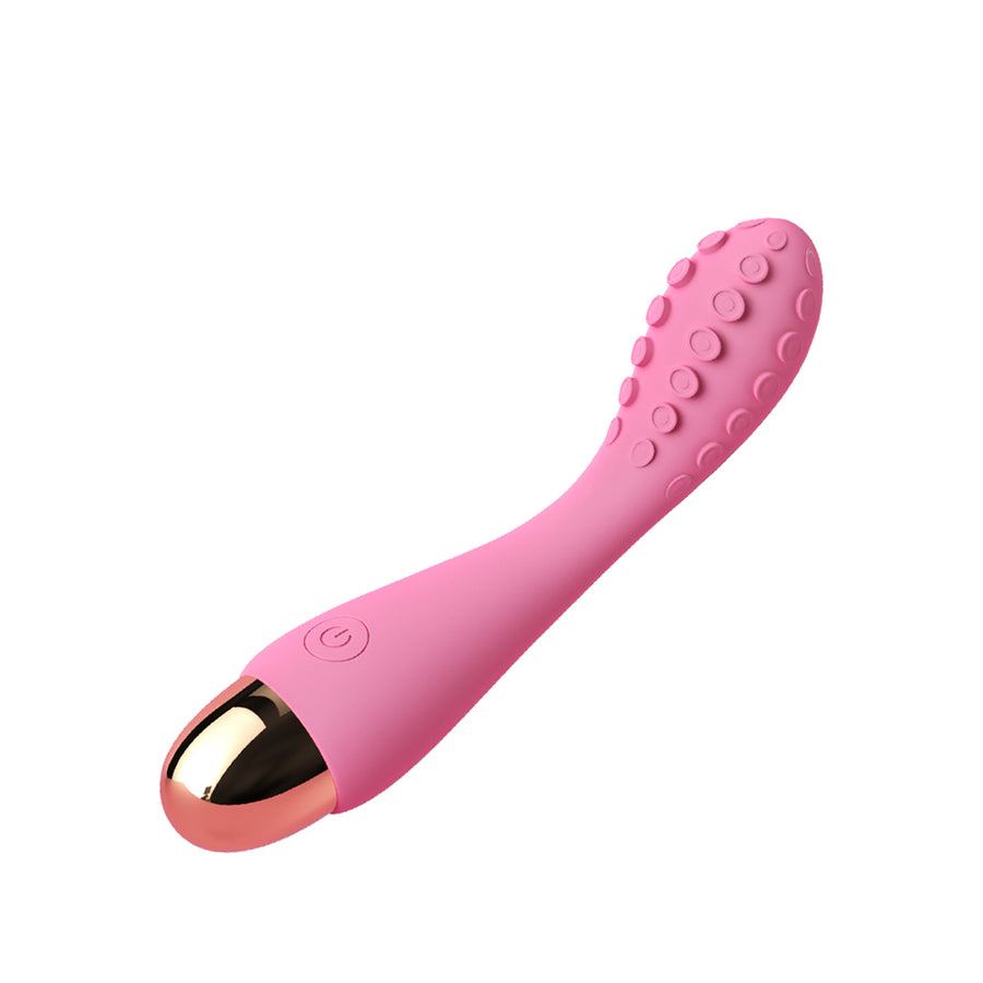 Compact pink curved vibrator with textured tip and gold accent base