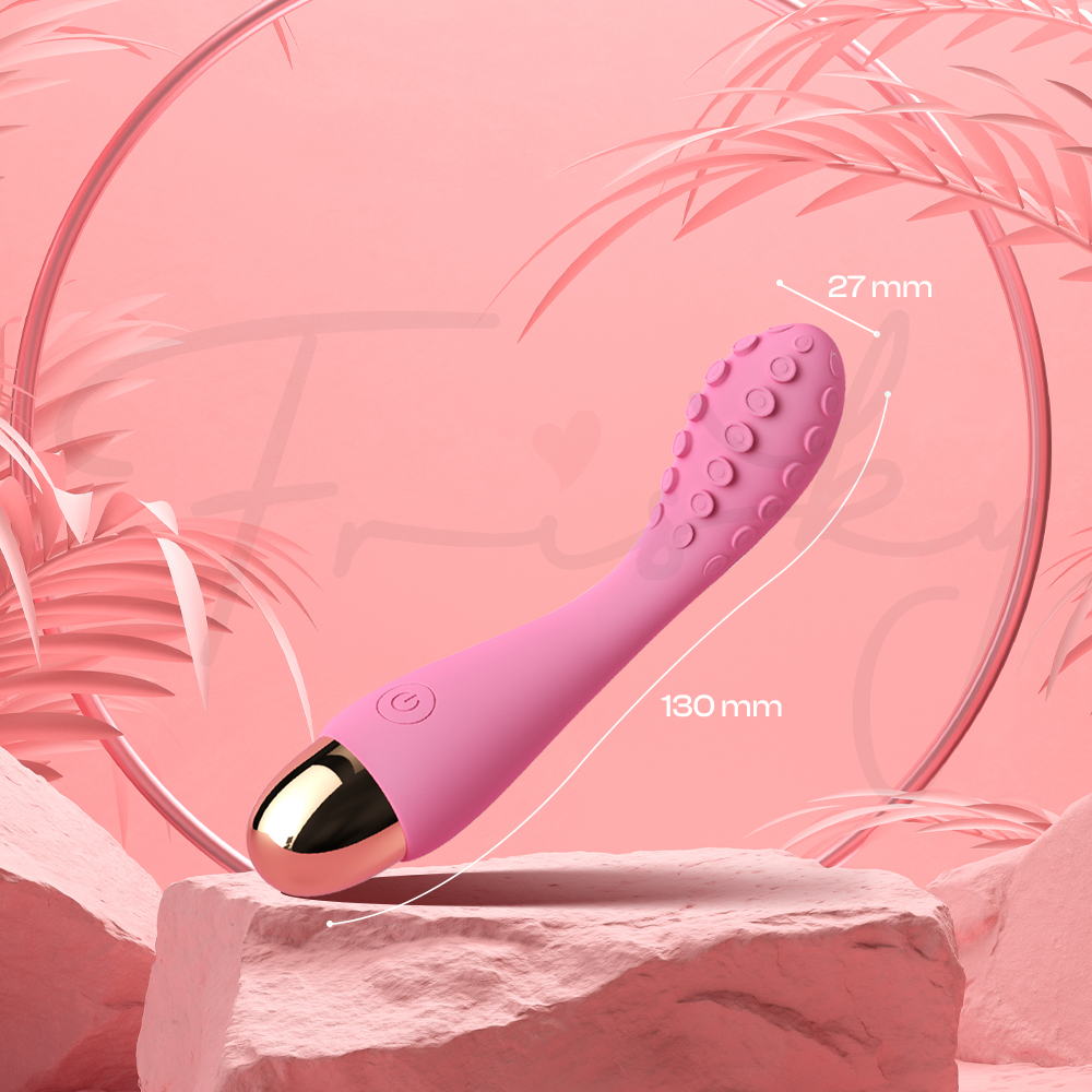 Close-up of flexible curved tip showing textured stimulation surface