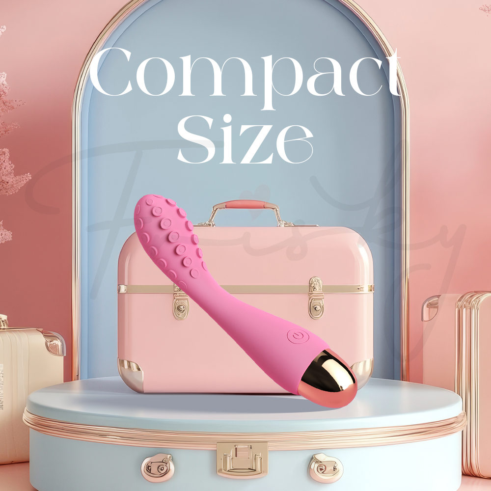 Pink and gold product with a suitcase on a decorative background, labeled Compact Size