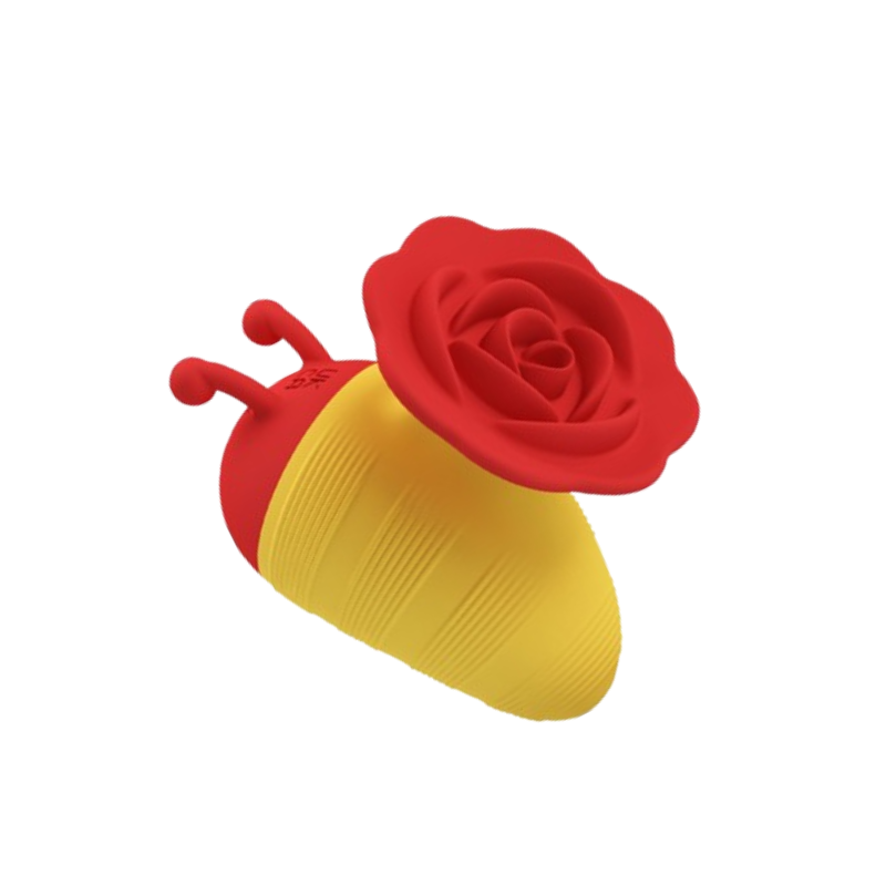 Rose-shaped clitoral stimulator with red bloom head and curved yellow body