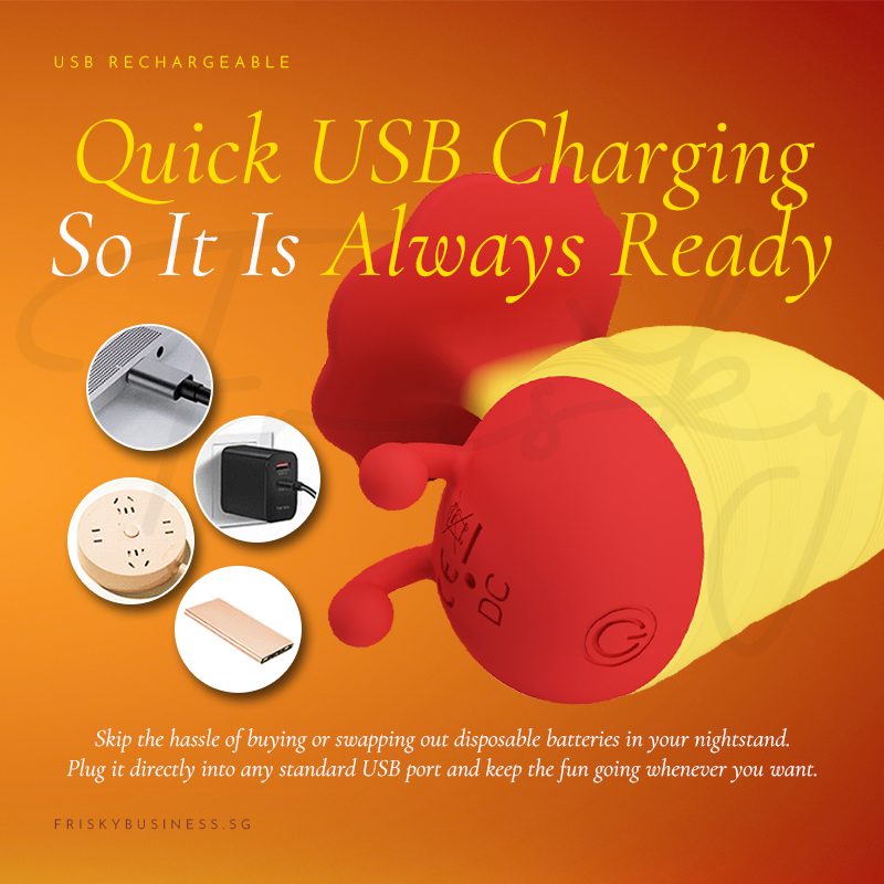 Stimulator shown with its charging cable and accessories on an orange background