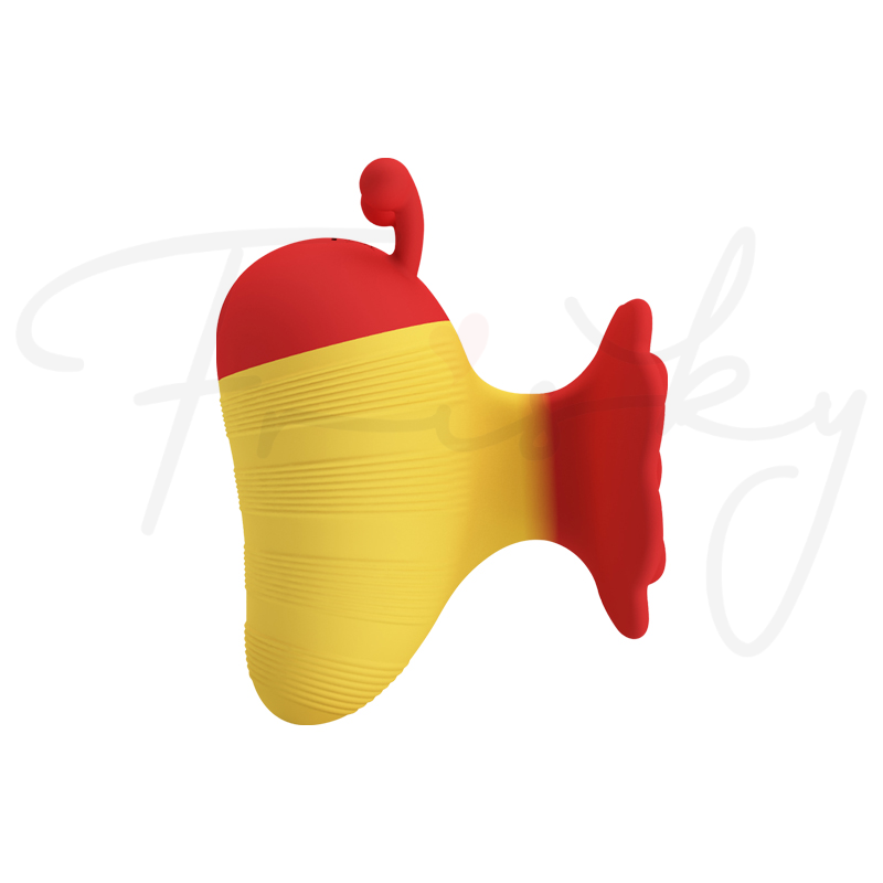 Rose-shaped stimulator with red bloom head on a plain white background
