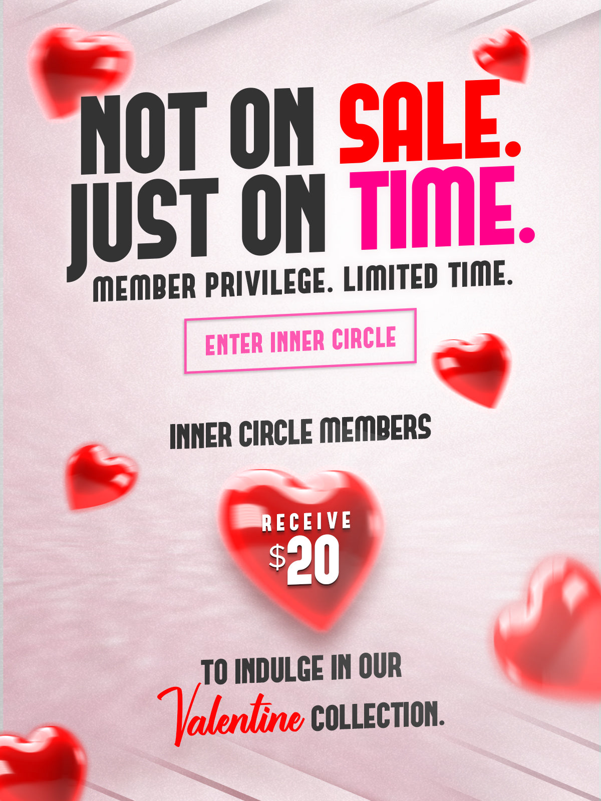 Promotional flyer for a Valentine's Day sale with red hearts and text on a light pink background.