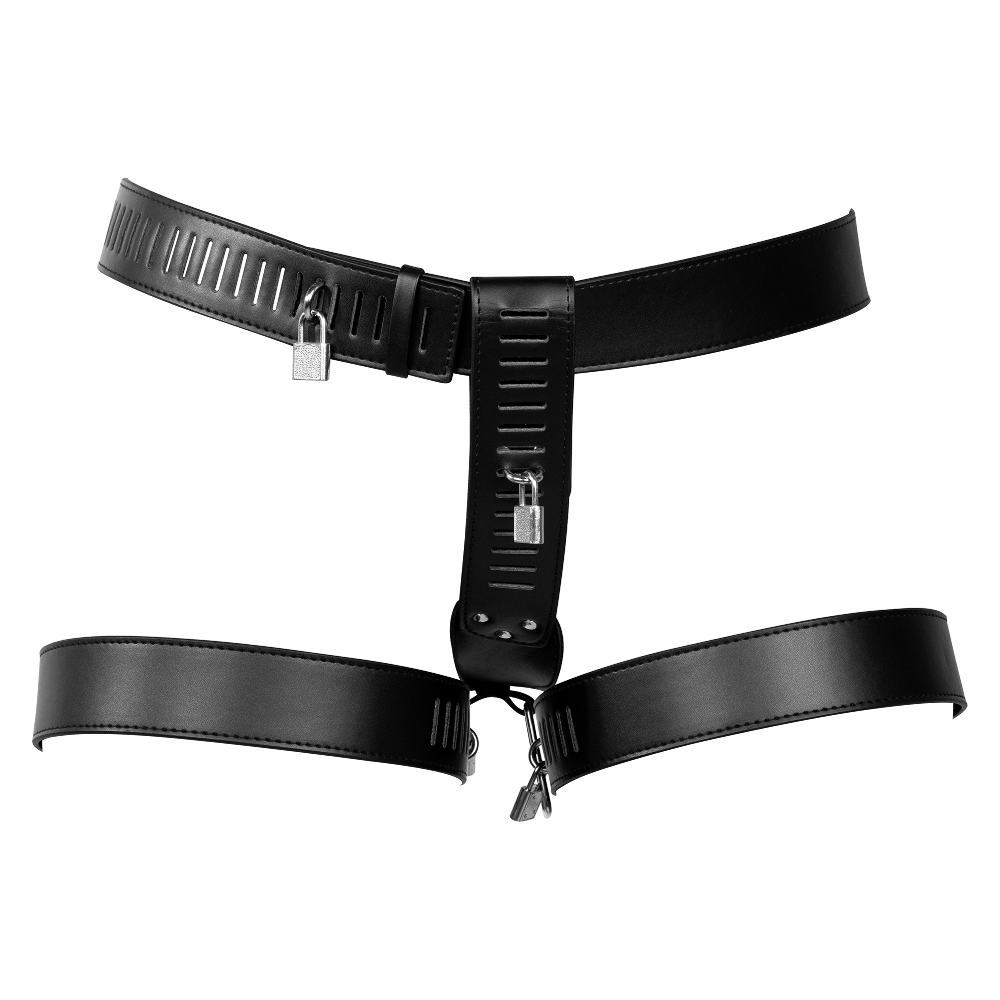 SHOTS - PU Leather Female Chastity Belt with Leg Restraint