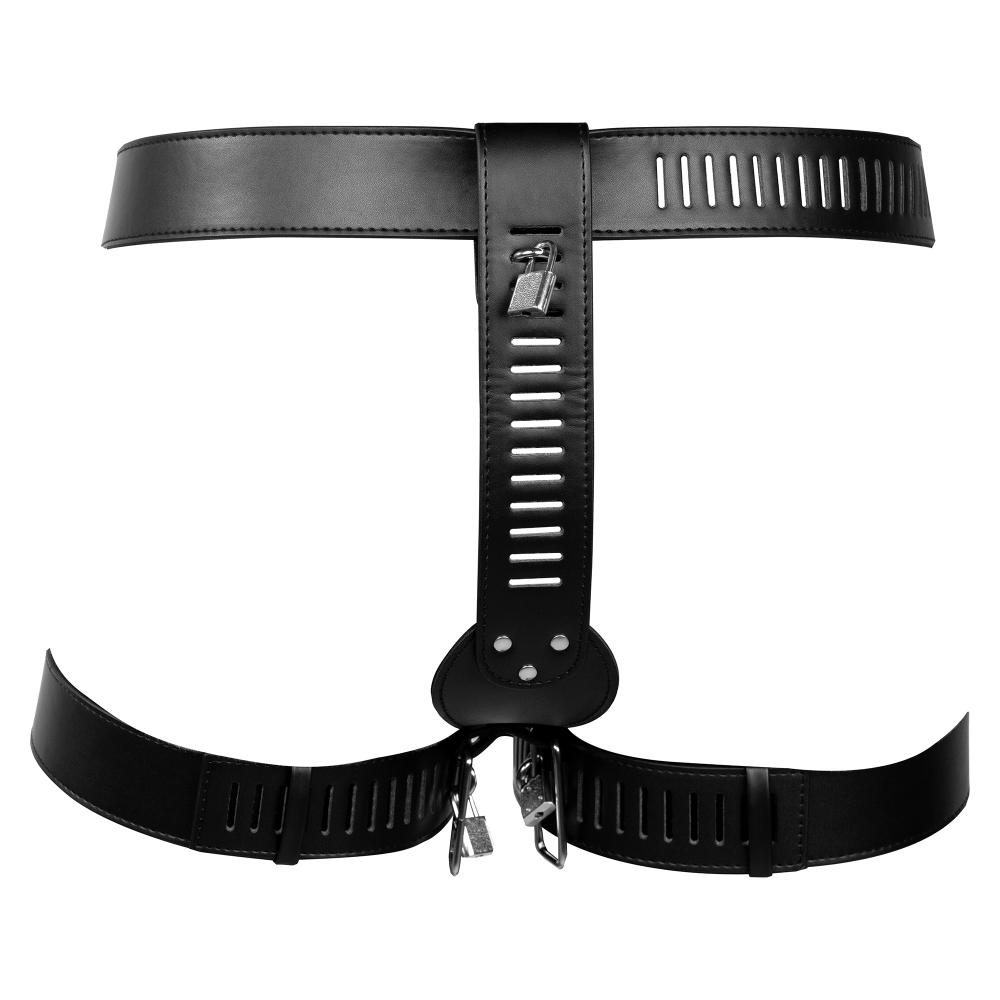 SHOTS - PU Leather Female Chastity Belt with Leg Restraint