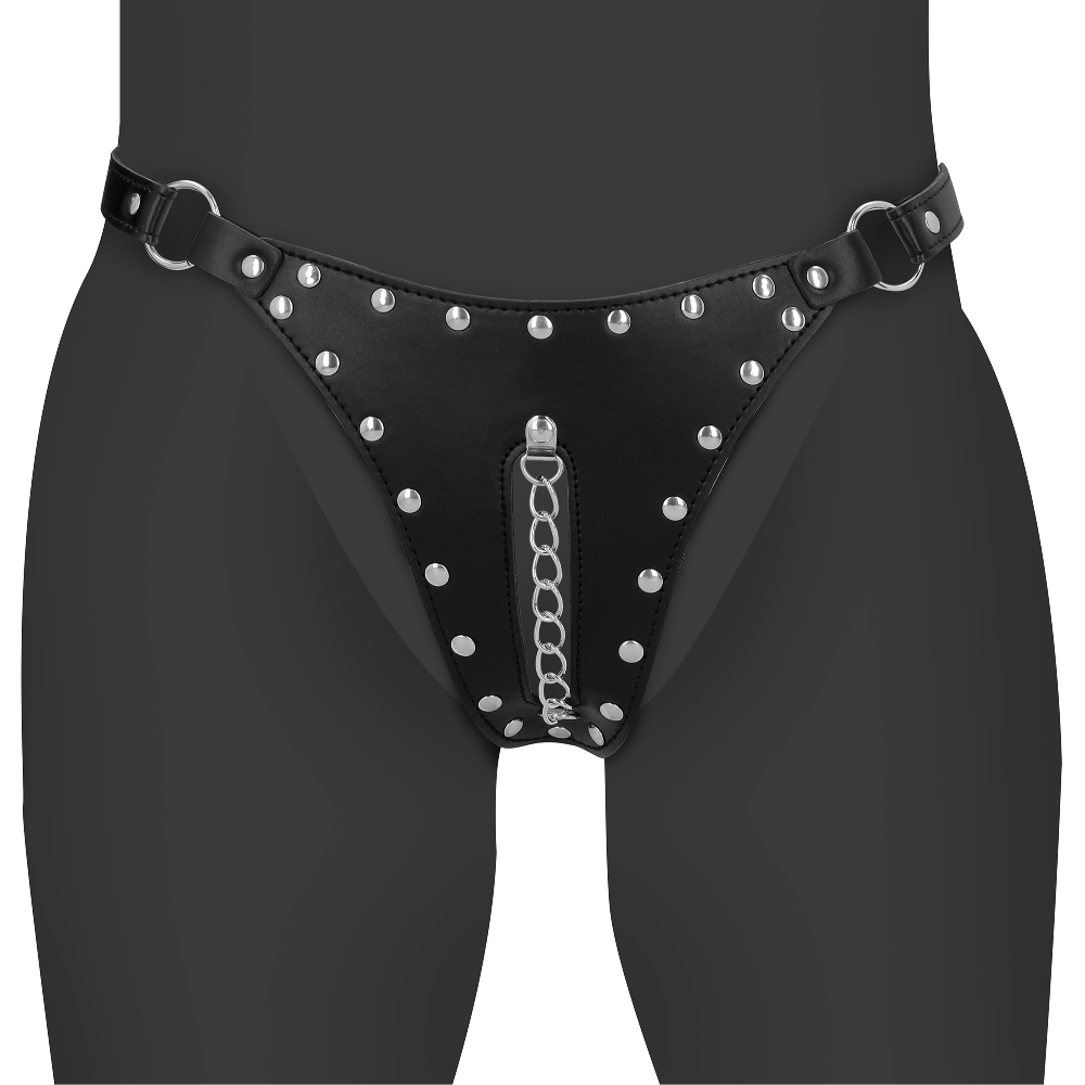 SHOTS - PU Leather Chastity Thong with Chain Detail