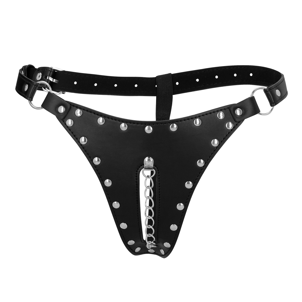 SHOTS - PU Leather Chastity Thong with Chain Detail