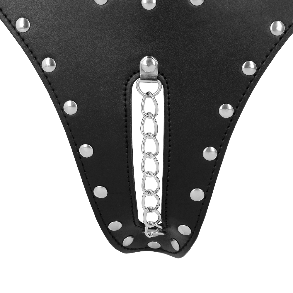 SHOTS - PU Leather Chastity Thong with Chain Detail