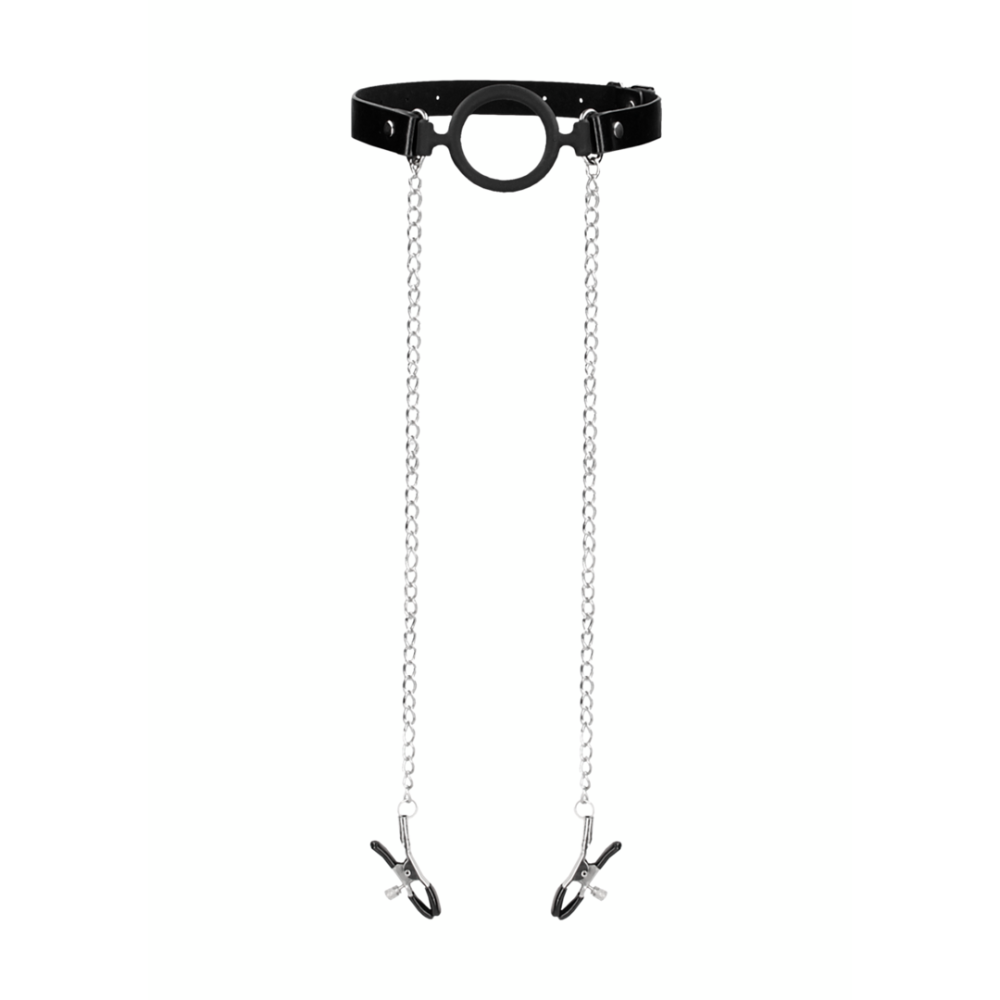 SHOTS Ouch! O-Ring Ball Gag with Nipple Clamps