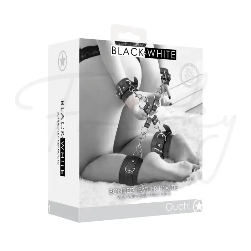 SHOTS Ouch! Bonded Leather Hogtie with Hand and Ankle Cuffs black metal hardware for controlled interactive bondage scenarios Singapore