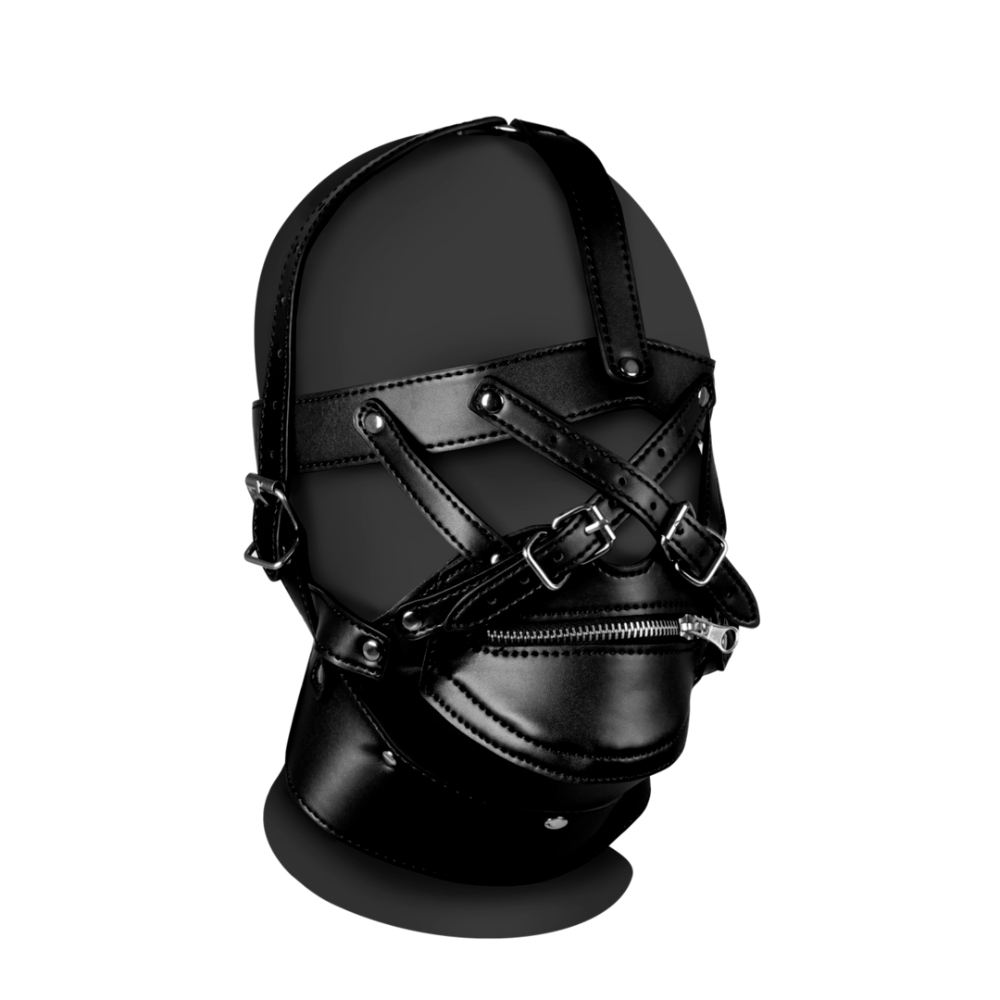 SHOTS Ouch! Head Harness with Zip-up Mouth and Lock - Black