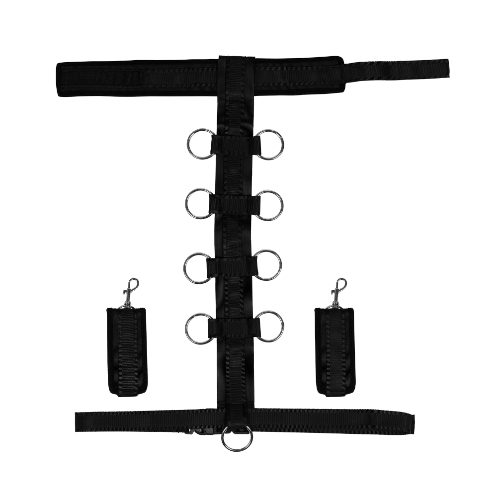 SHOTS Ouch! Restraint Harness with Collar and Hand Cuffs - Black