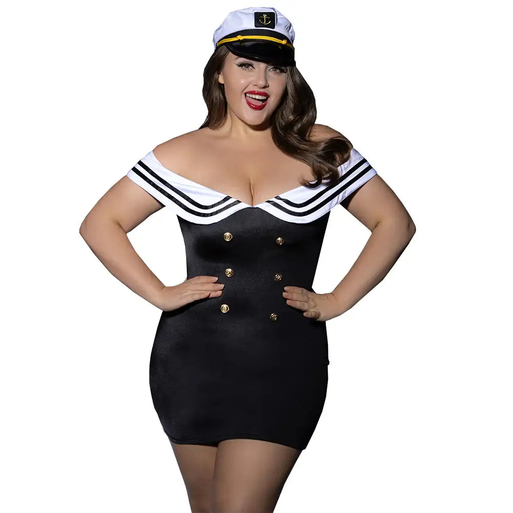 PLUS SIZE Roleplay Set - 3 Pcs Navy Sailor Off‑Shoulder Mini Dress Costume with Thong and Sailor Hat - Frisky Business Adult Sex Toys Shop