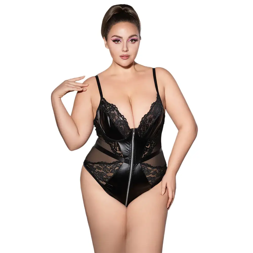 PLUS SIZE Bodysuit - 1 Pc Black Faux Leather Lady Lingerie with Deep V Lace Neckline and Zipper Front - Frisky Business Adult Sex Toys Shop