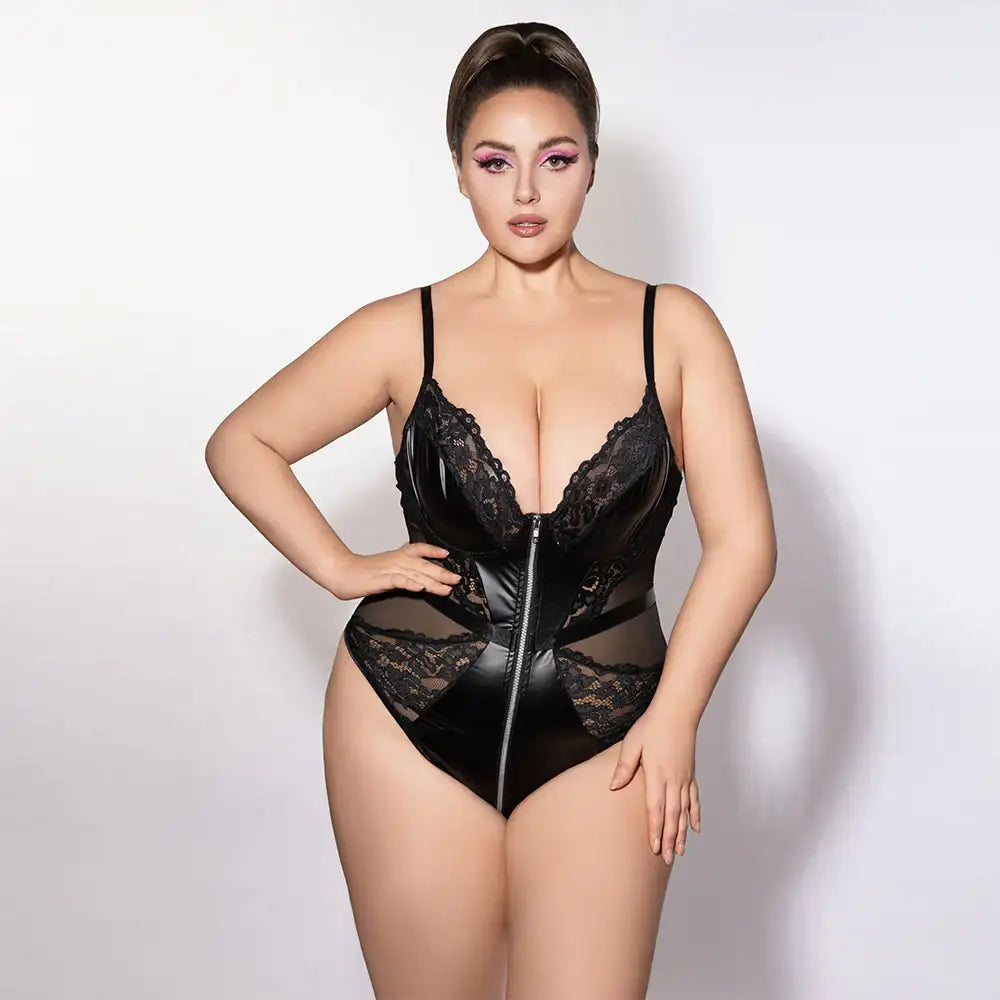 PLUS SIZE Bodysuit - 1 Pc Black Faux Leather Lady Lingerie with Deep V Lace Neckline and Zipper Front - Frisky Business Adult Sex Toys Shop