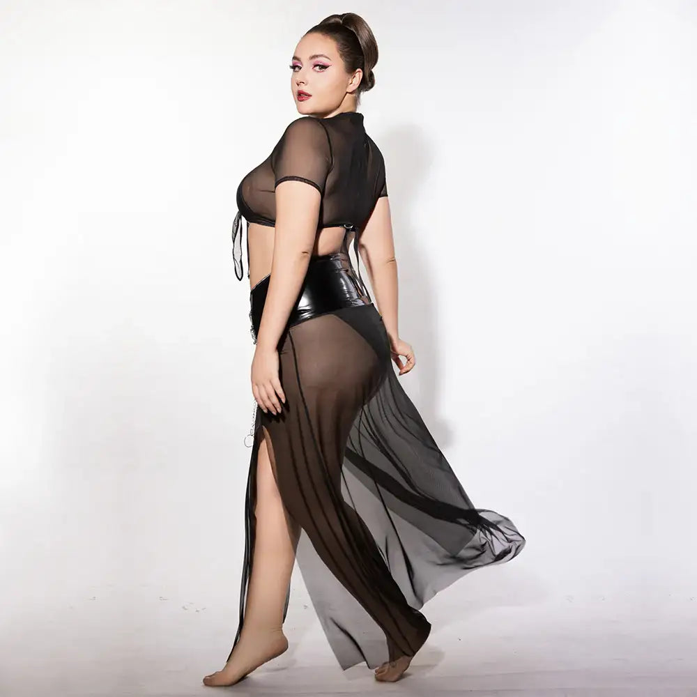 PLUS SIZE Babydoll - 3 Pcs Black See-Through Lingerie with Tie Front Top and High Waist Chain Slit Skirt - Frisky Business Adult Sex Toys Shop