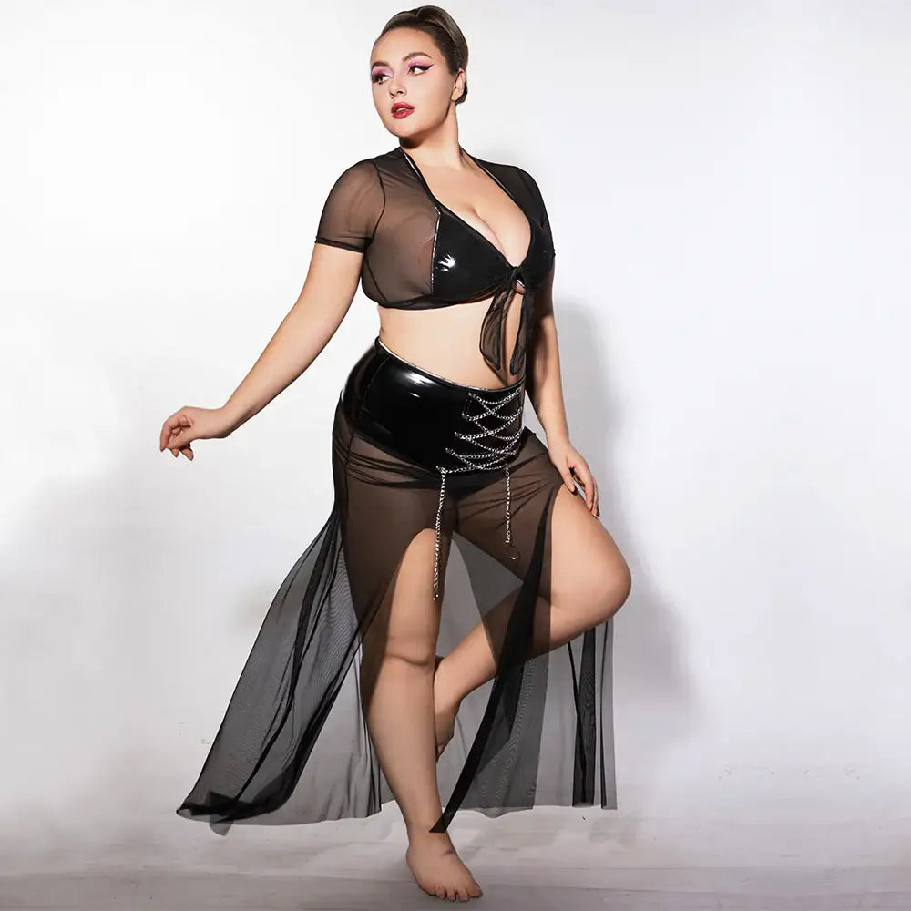 PLUS SIZE Babydoll - 3 Pcs Black See-Through Lingerie with Tie Front Top and High Waist Chain Slit Skirt - Frisky Business Adult Sex Toys Shop