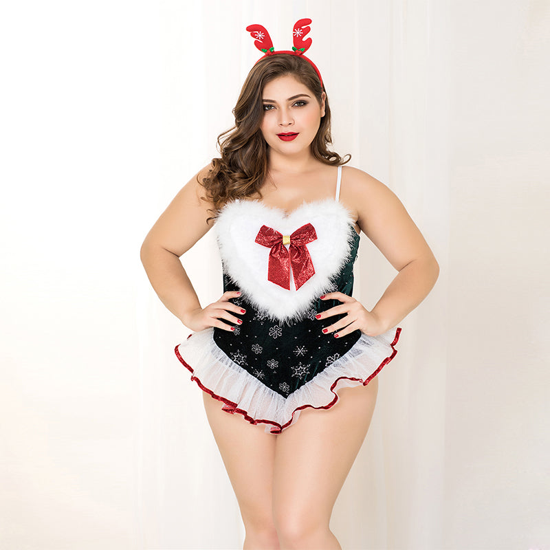 PLUS SIZE Roleplay Set - 2 Pcs Green Christmas Costume with Frilly Hem Bodysuit and Antler Headband