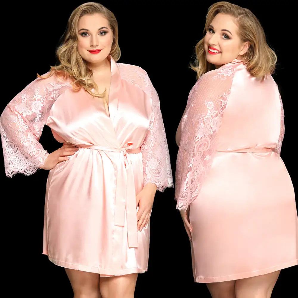 PLUS SIZE Babydoll - 3 Pcs Soft Pink Sleepwear Robe with Floral Lace Long Sleeves and Waist Belt - Frisky Business Adult Sex Toys Shop