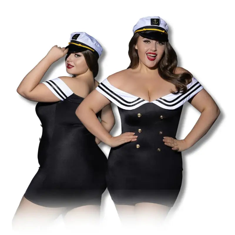 PLUS SIZE Roleplay Set - 3 Pcs Navy Sailor Off‑Shoulder Mini Dress Costume with Thong and Sailor Hat - Frisky Business Adult Sex Toys Shop