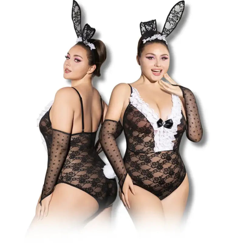 PLUS SIZE Teddy - 3 Pcs Seductive Bunny Girl Deep V Adjustable Strap Lace Costume with Long Ears Headwear and Mesh Gloves - Frisky Business Adult Sex Toys Shop
