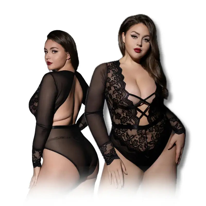 PLUS SIZE Babydoll - 2 Pieces Deep V Adjustable Strap Blackless Sleepwear with G-String Thongs - Frisky Business Adult Sex Toys Shop
