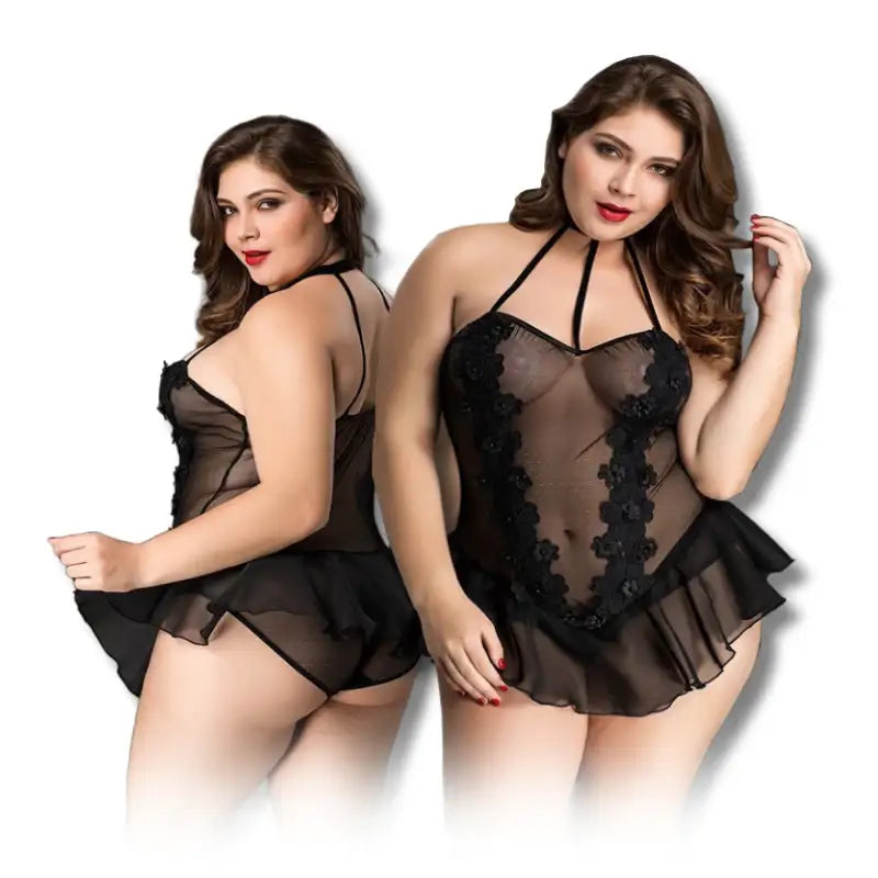 PLUS SIZE Teddy - 1 Piece Seductive Mesh Semi Transparent Floral Bodysuit - Frisky Business Adult Sex Toys Shop