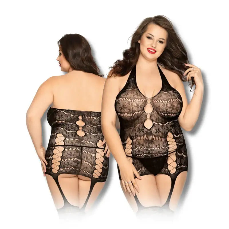 PLUS SIZE Bodystocking - 1 Piece Hollow Black Nylon Fishnet Bodystocking - Frisky Business Adult Sex Toys Shop