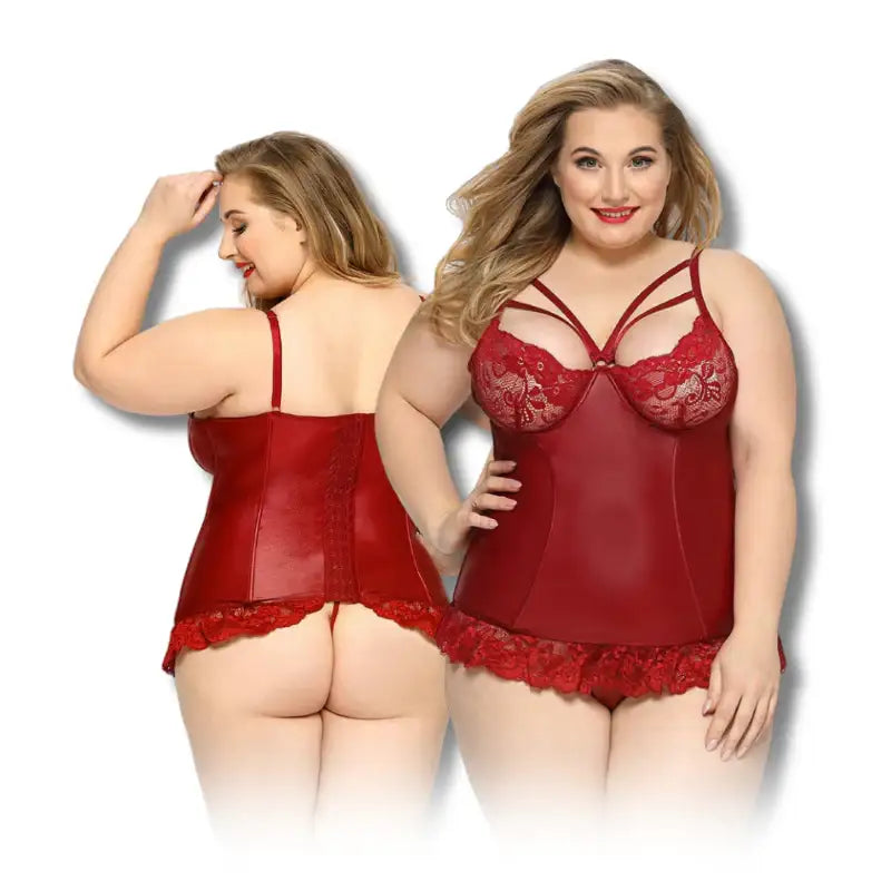 PLUS SIZE Bodysuit - 2 Pcs Red Faux Leather Floral Lace Corset with Hook Back Closure and Matching Thongs - Frisky Business Adult Sex Toys Shop
