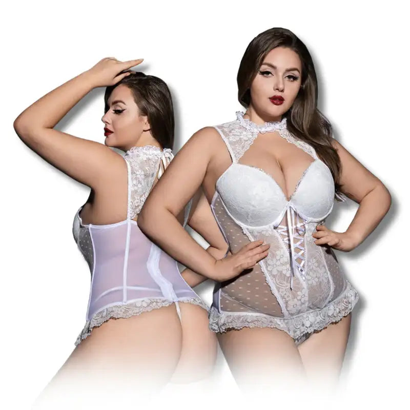 PLUS SIZE Teddy - 2 Pcs White Sexy Bustier Lingerie with Lace Trim Corset Top and Matching Thongs - Frisky Business Adult Sex Toys Shop