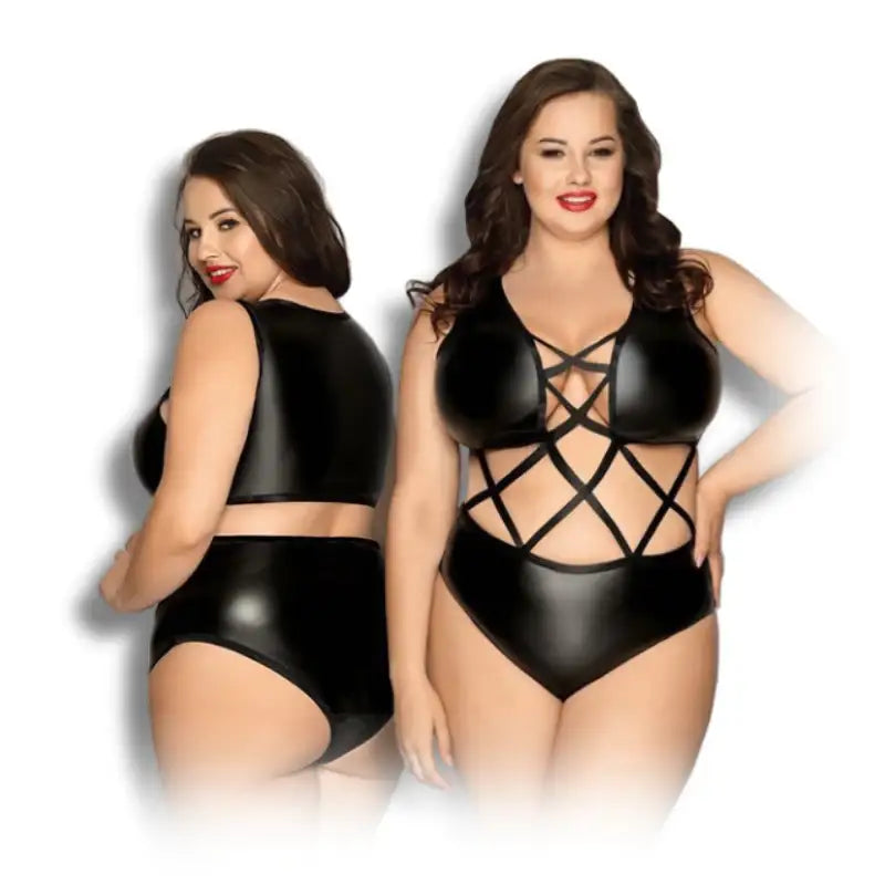 PLUS SIZE Bodysuit - 1 Pc Black Faux Leather Women's Lingerie with Crisscross Detailing Strappy Front and Sleeveless Cut - Frisky Business Adult Sex Toys Shop