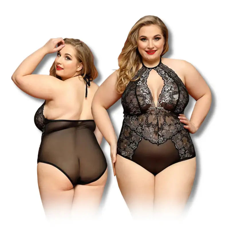PLUS SIZE Teddy - 1 Pc Sheer Mesh Black Bodysuit with Floral Detail and Lace Embroidery - Frisky Business Adult Sex Toys Shop