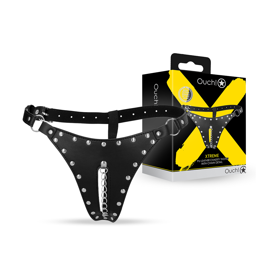 SHOTS - PU Leather Chastity Thong with Chain Detail