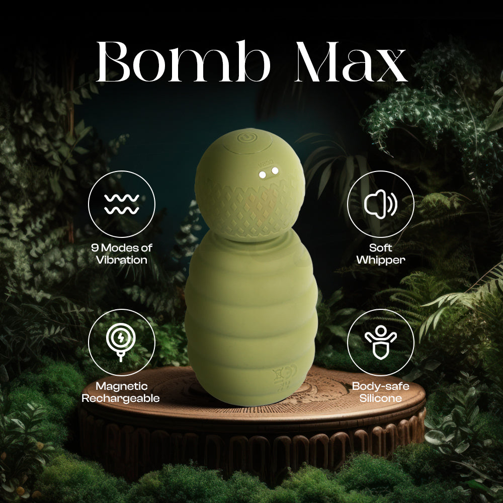 Green mini massager displayed on stand highlighting strong vibration power feature