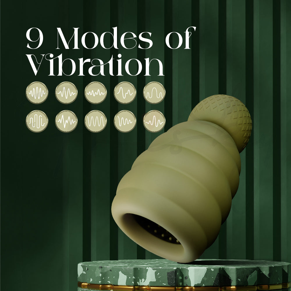Green device angled sideways with icons representing nine vibration modes