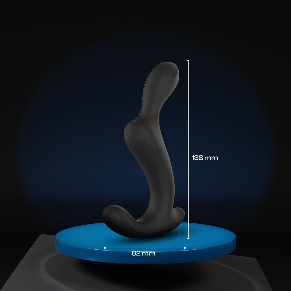 Prostate massage on a blue platform with measurements indicated against a dark background
