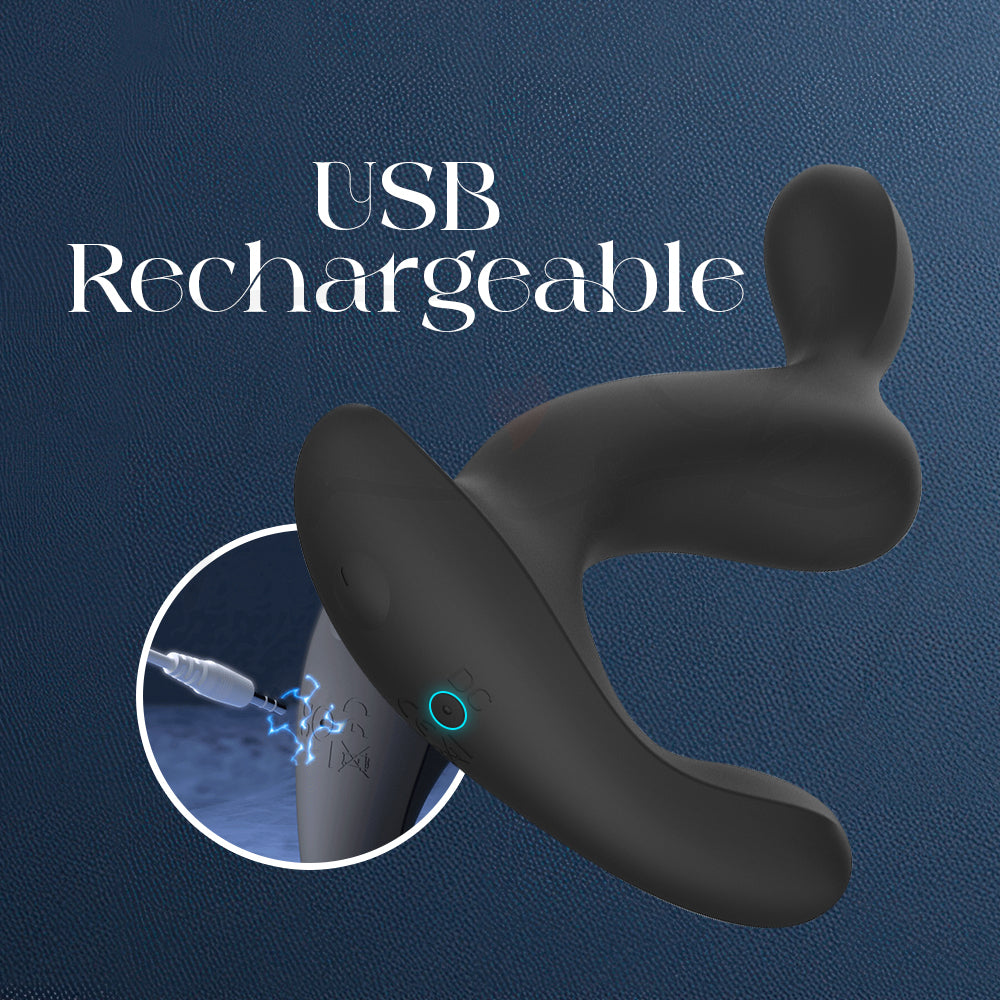 Black USB rechargeable Prostate Massager on a blue textured background