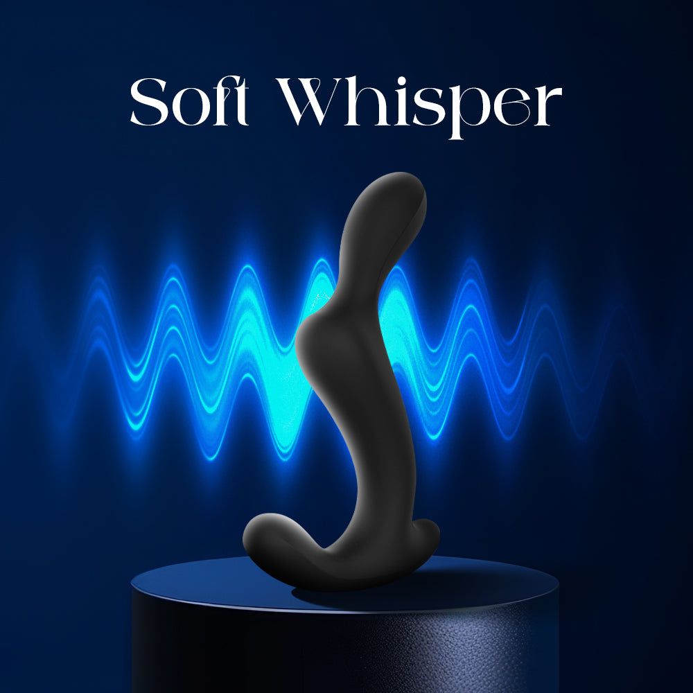 Black abstract sculpture on a dark blue background with 'Soft Whisper' text