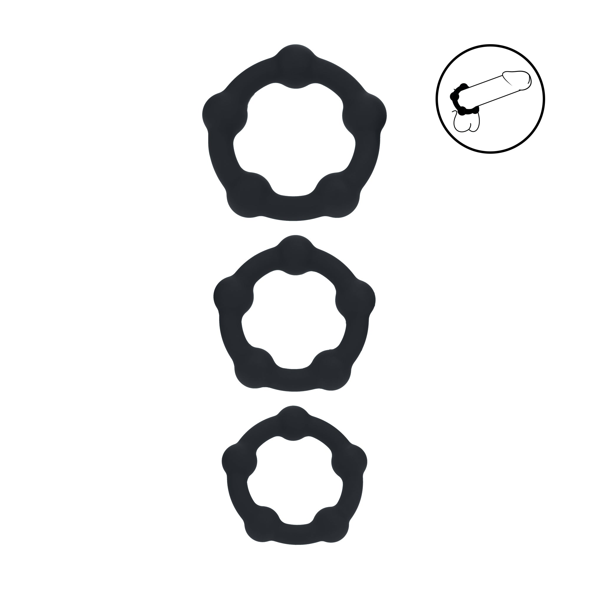 Three black beaded silicone cock rings in small, medium, and large sizes displayed individually on a white background.