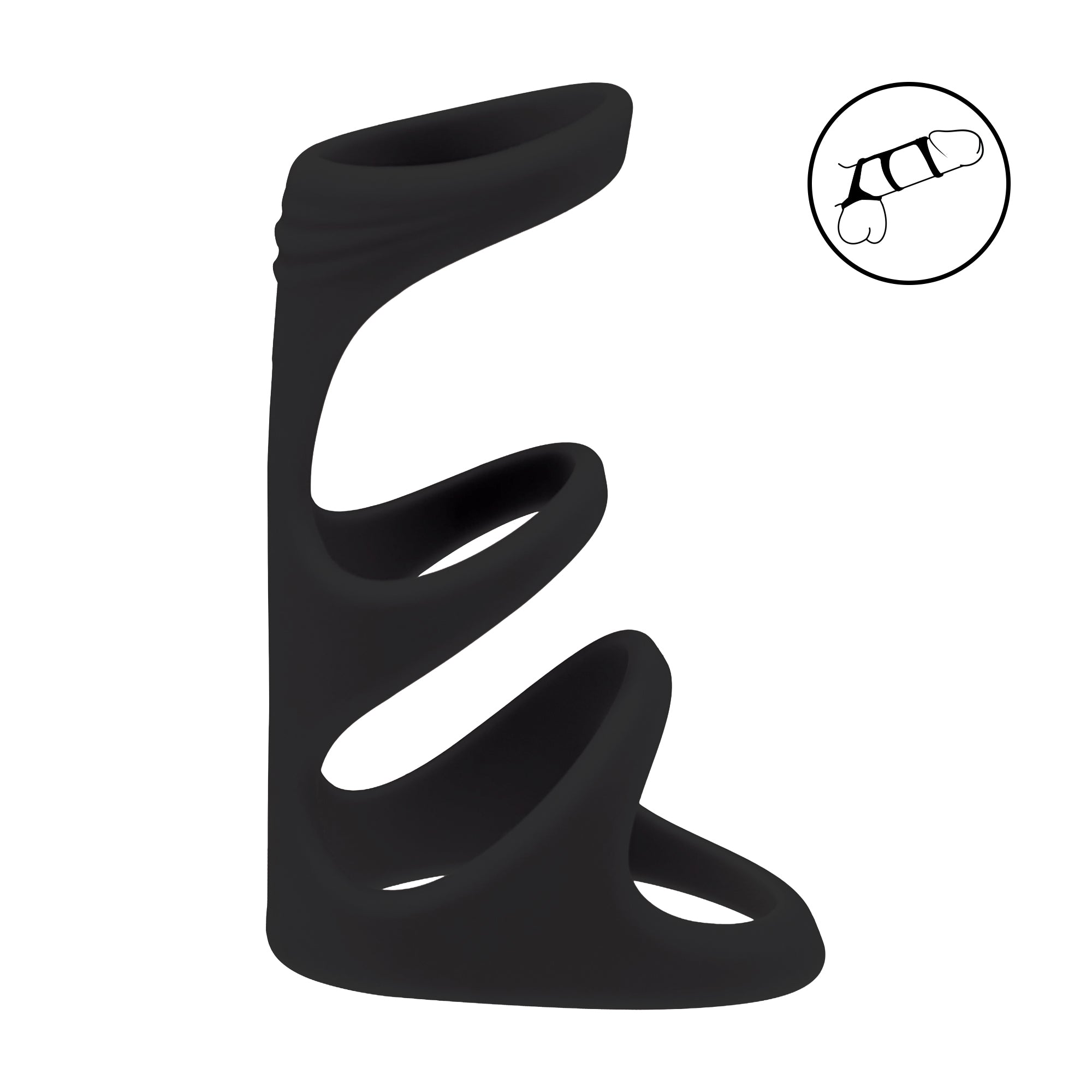Black LEVELZ 3-Loop Silicone Cock Ring standing upright to show its layered triple-ring structure.