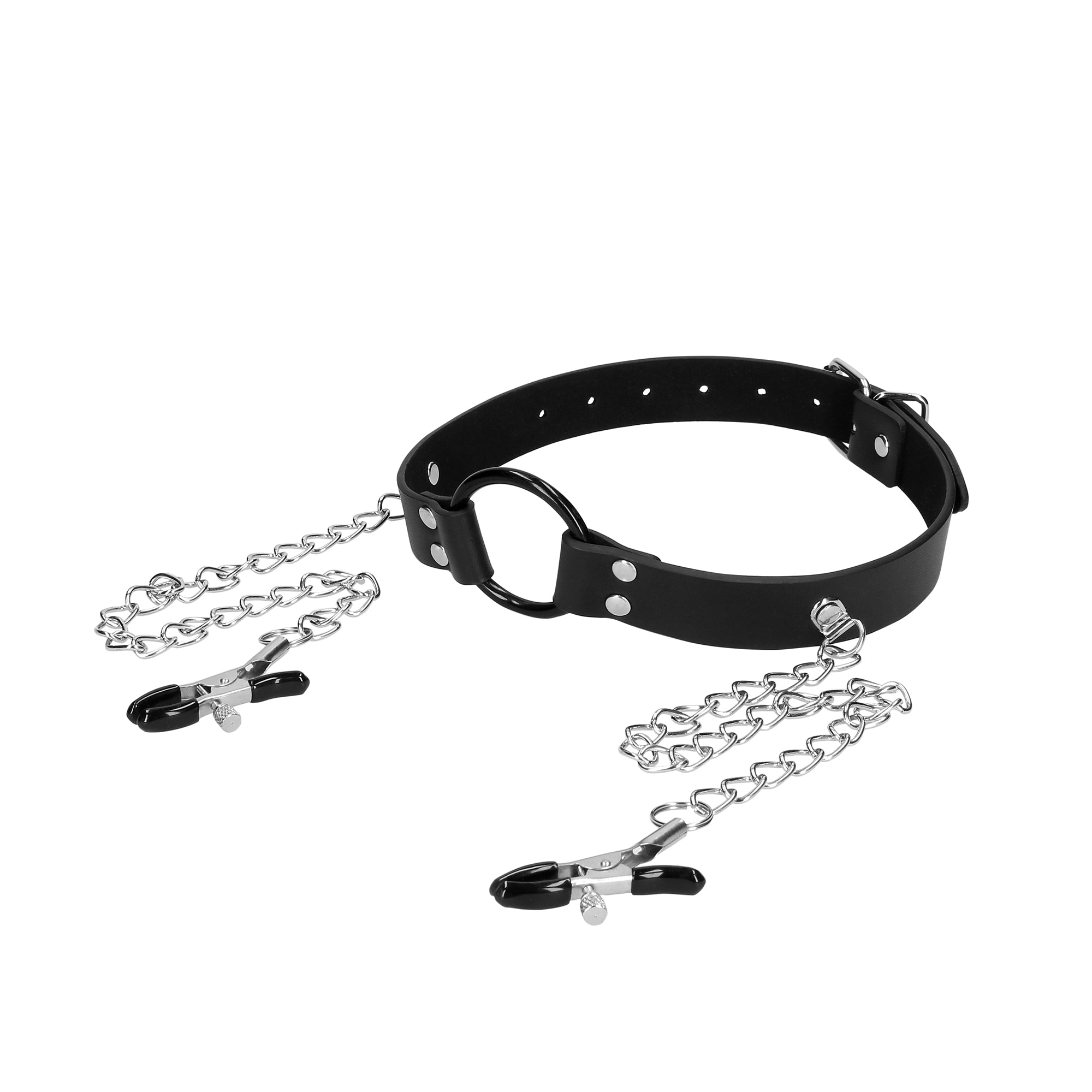 SHOTS Ouch! Metal O-Ring Gag with Nipple Clamps - Black