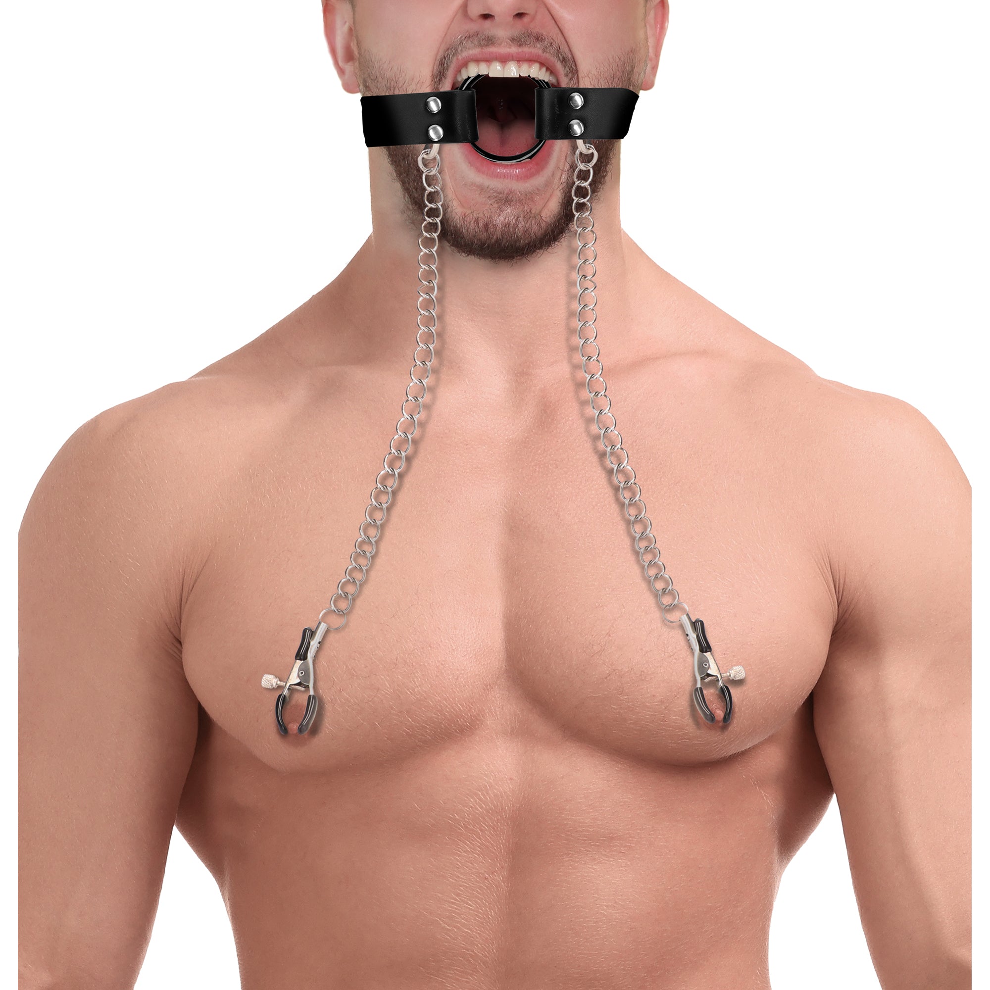 SHOTS Ouch! Metal O-Ring Gag with Nipple Clamps - Black