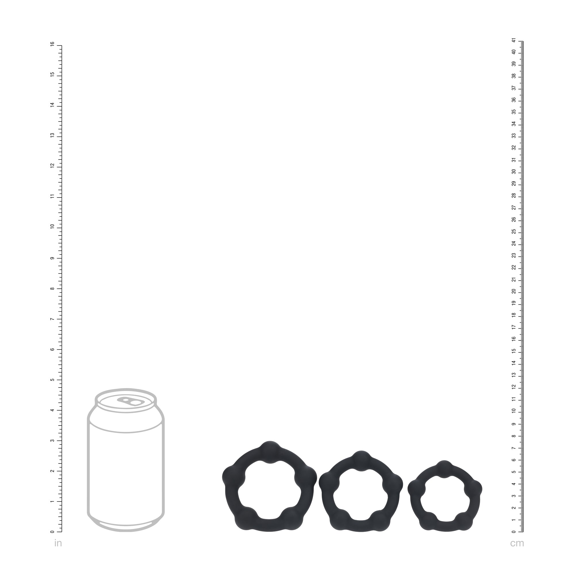 Size guide illustration for the SHOTS Beaded Silicone Cock Ring Set showing ring dimensions and spacing
