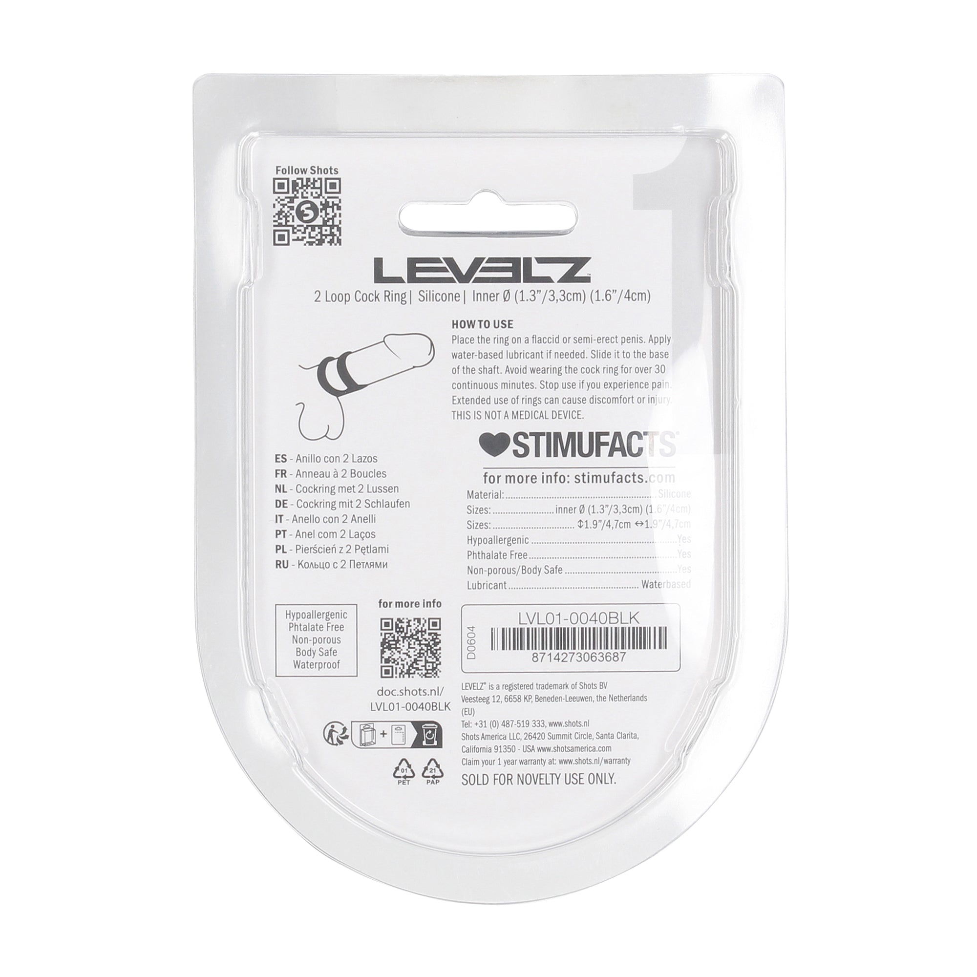 Back view of the LEVELZ 2-Loop Silicone Cock Ring packaging displaying product details, material information, and specifications.