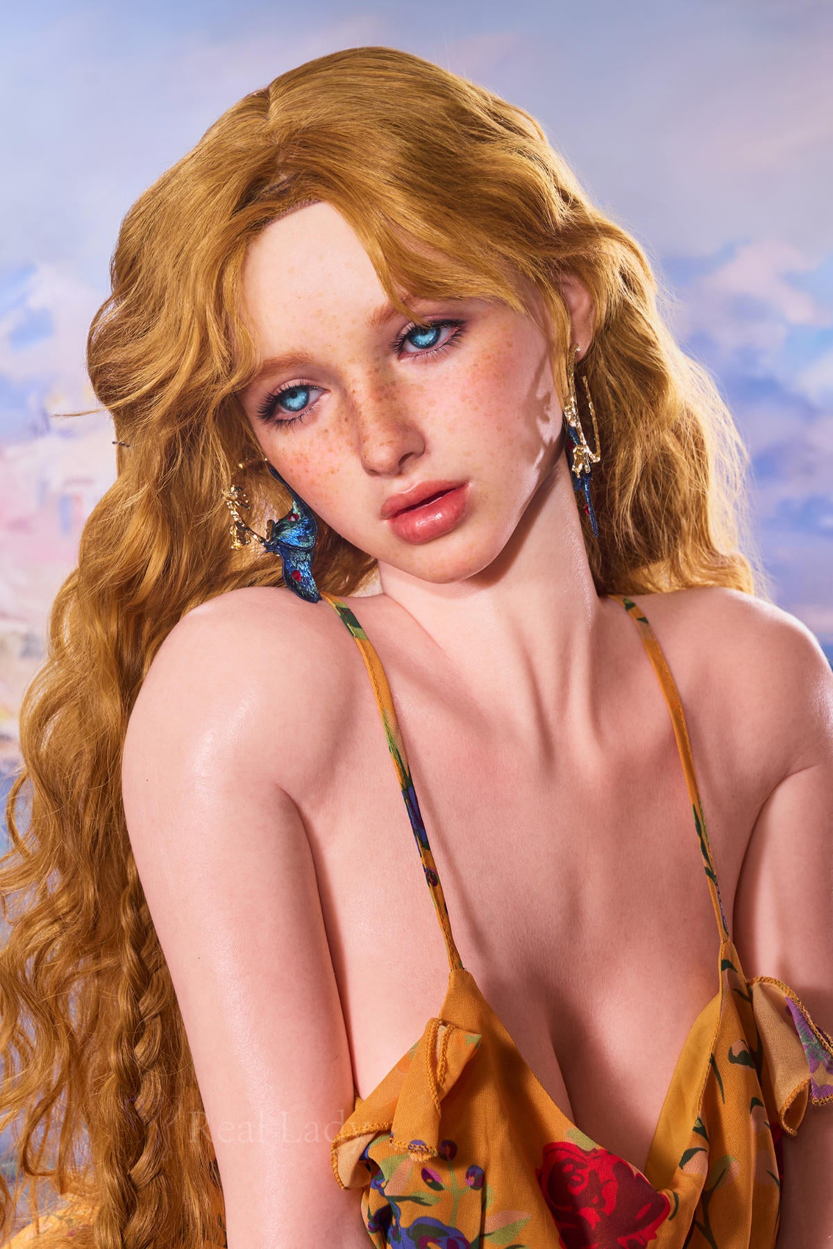 Close-up portrait of the RealLady 159 cm H Silicone - Elia featuring long wavy blonde hair, blue eyes, and freckles, wearing a yellow floral strap dress.
