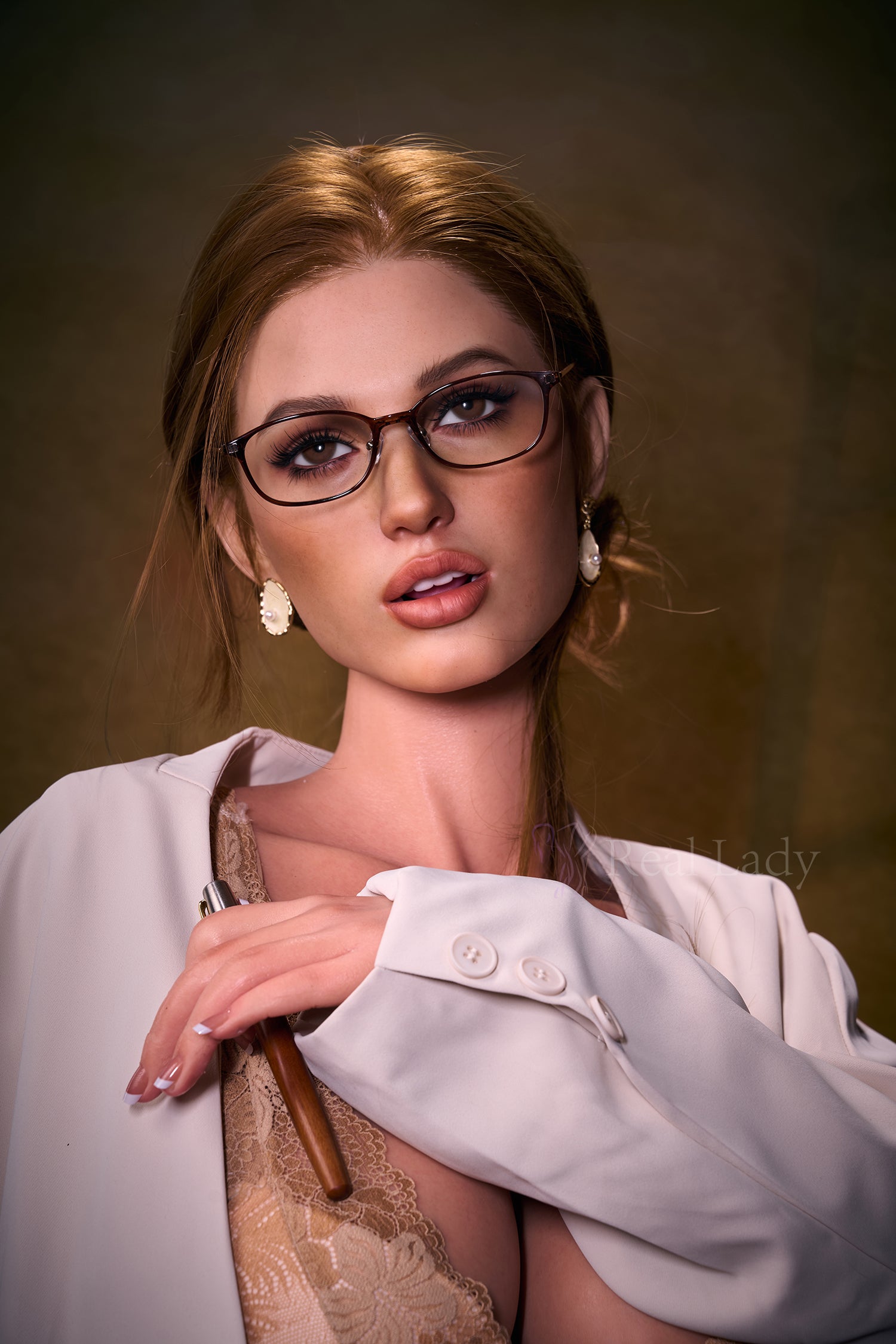 RealLady 168 cm G Silicone - Bianca wearing glasses and a white shirt holding a pen.